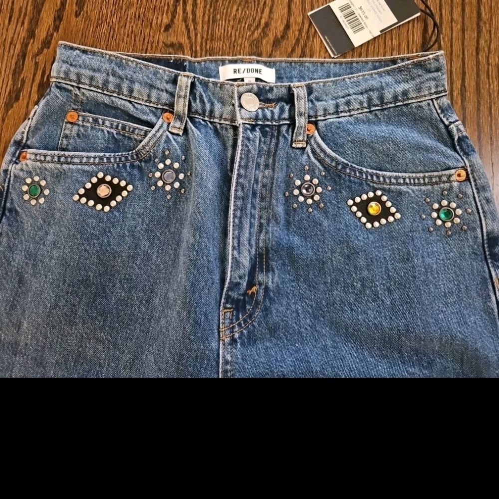 Re/Done Blue Straight Leg Jeans with Beaded Embellishments - Picture 7 of 10